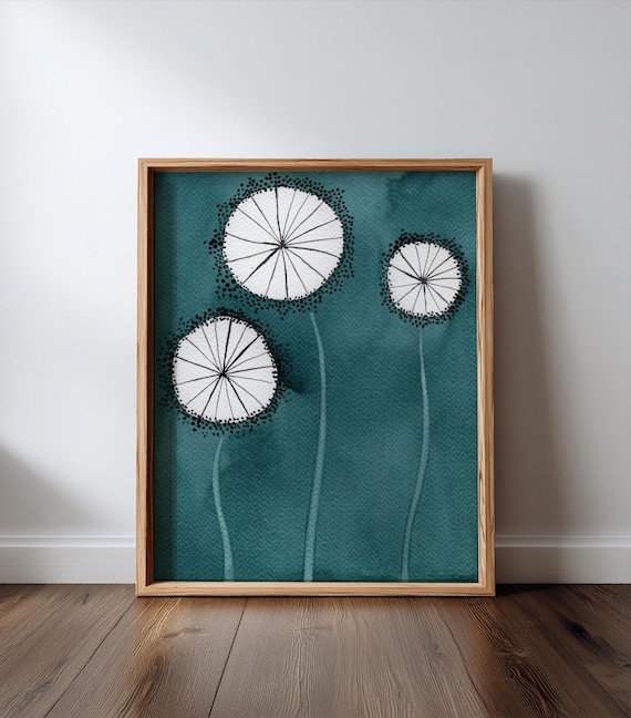 Teal Dandelion Art Print, Mid Century Home Wall Art, Scandinavian Minimal, Mid-Century Modern, Abstract Art, Watercolor Painting, Wall Decor