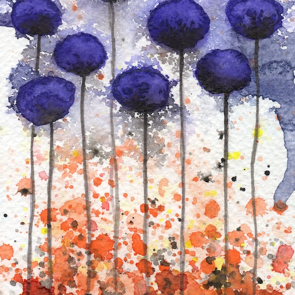 Peinture de fleurs colorées 5 x 7 pour style ferme ou cottage moderne, nouvelle maison, aquarelle violette et orange vibrante, décoration murale de bureau à domicile