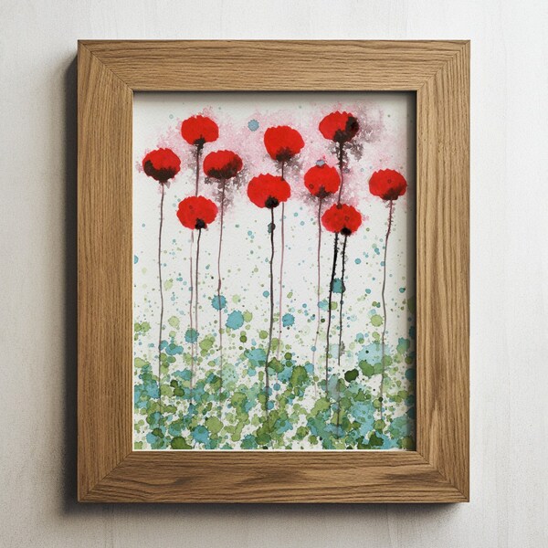 Red Poppies Watercolor Flowers, Aqua, Green, Modern Farmhouse Wall Decor, Watercolor Flowers, Cottage Style, Sophisticated Bedroom, Bathroom