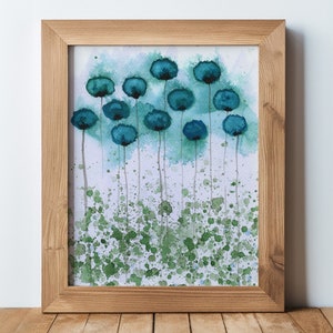 Aqua and Violet PRINT of Watercolor Flowers, Modern Farmhouse, Watercolor Painting, Cottagecore, Cottage, Blue Floral Wall Decor Poppy image 1