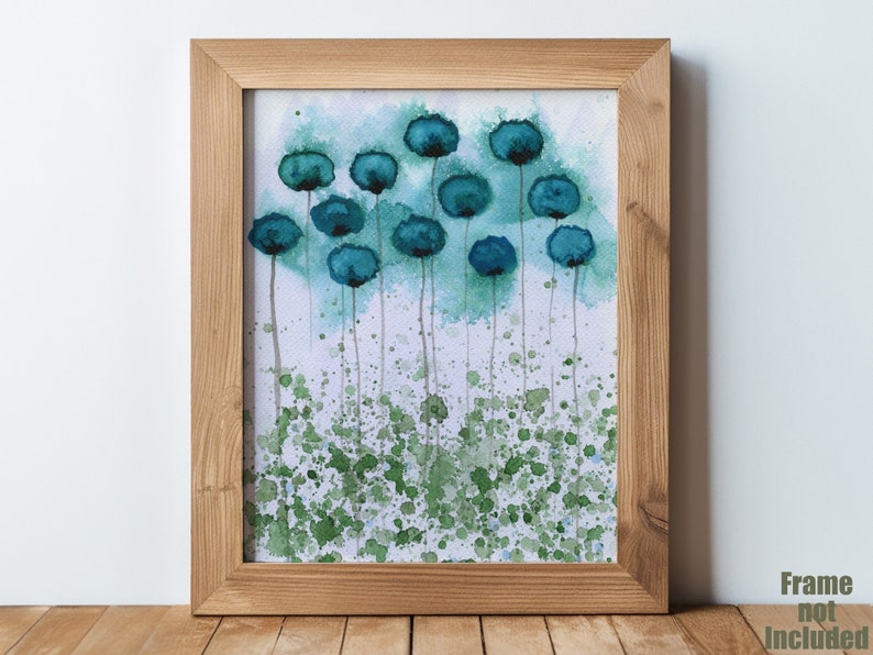 Aqua and Violet PRINT of Watercolor Flowers, Modern Farmhouse, Watercolor Painting, Cottagecore, Cottage, Blue Floral Wall Decor Poppy image 1