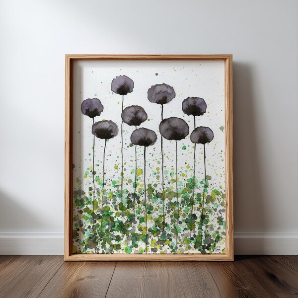 Green and Gray Watercolor Flower Painting, Industrial Farmhouse Modern Fine Art PRINT, Flowers Garden Office Wall Cottage Style Cottagecore