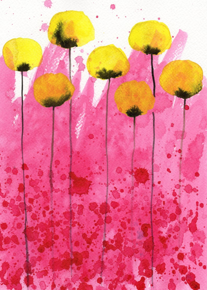 Yellow and Pink Poppies PRINT Watercolor Painting Flowers, Modern Farmhouse, Cottagecore, Cottage Decor, Floral Garden Yellow, Giclee Art 5x7 inches