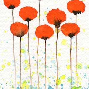 5x7 Orange Watercolor Flowers, Poppy Poppies, Floral Painting, Fine Art Print, Sunshine, Home Office Wall Decor, Citrus, Blue Yellow, Green image 1