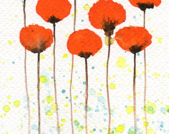 5x7 Orange Watercolor Flowers, Poppy Poppies, Floral Painting, Fine Art Print, Sunshine, Home Office Wall Decor, Citrus, Blue Yellow, Green
