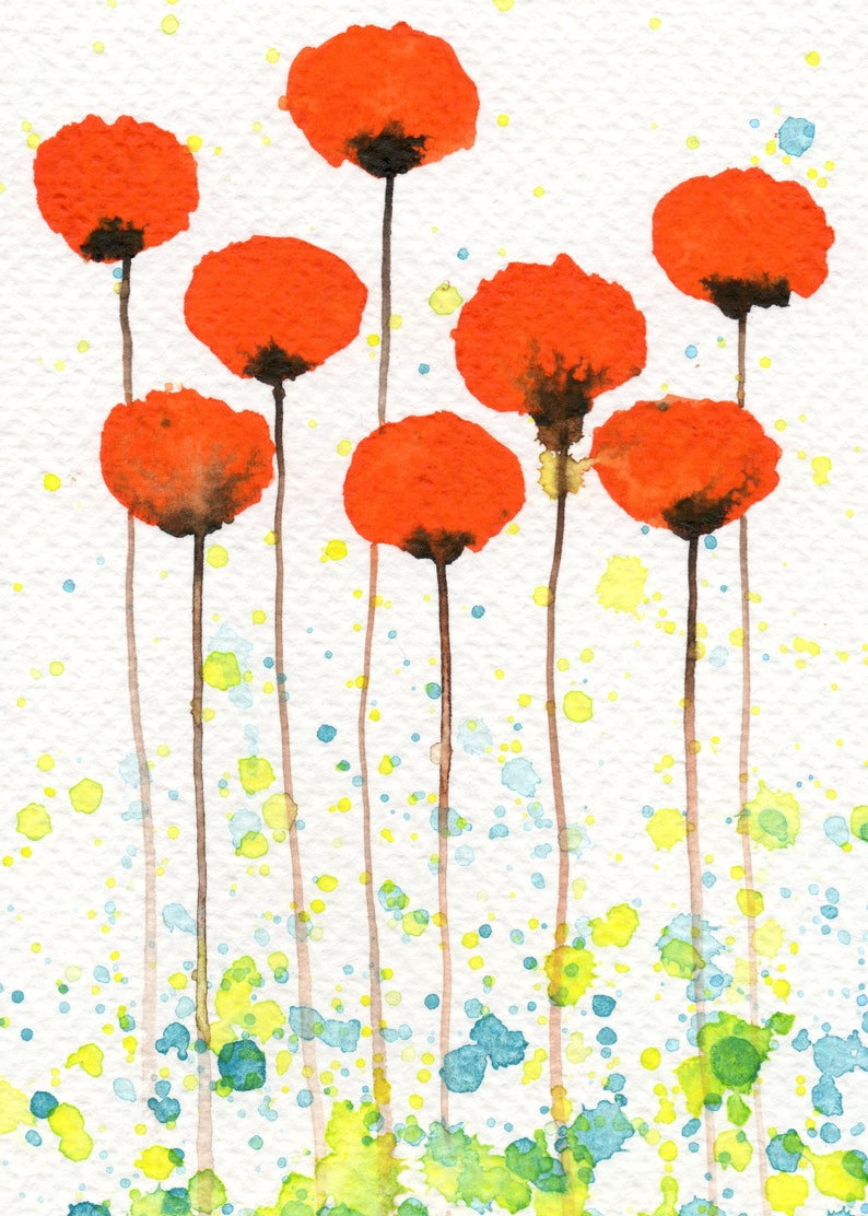 5x7 Orange Watercolor Flowers, Poppy Poppies, Floral Painting, Fine Art Print, Sunshine, Home Office Wall Decor, Citrus, Blue Yellow, Green image 1