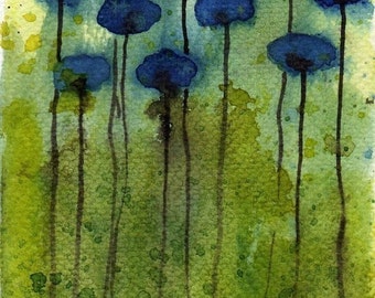 Blue and Green Flowers Watercolor Painting, ACEO Print, Mini Artwork Modern Farmhouse, Boho Wall Decor, Cottagecore, Artist Trading Card