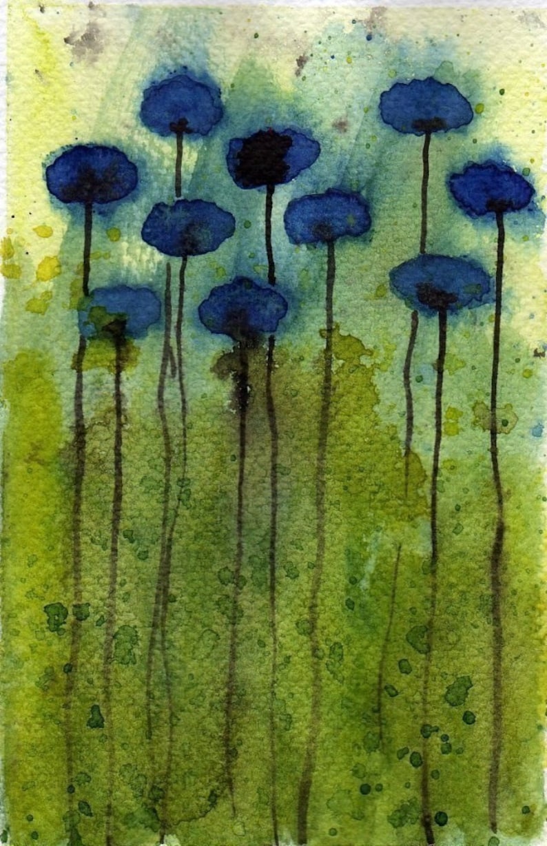 Blue and Green Flowers Watercolor Painting, ACEO Print, Mini Artwork Modern Farmhouse, Boho Wall Decor, Cottagecore, Artist Trading Card image 1