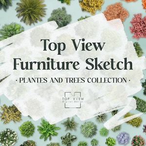 May include: A collection of top-view digital design elements featuring various plants and trees. The image includes a variety of green, yellow, and red foliage arranged on a light blue background. Text overlay reads "Top View Furniture Sketch - Plantes and Trees Collection."
