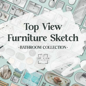 Puede incluir: Ilustraciones de muebles de baño en vista superior, incluyendo lavabos, bañeras y toallas. El texto "Top View Furniture Sketch" y "Bathroom Collection" se muestra sobre un fondo blanco.