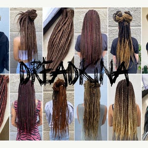 Può includere: Un collage di vari stili di dreadlock in diversi colori e lunghezze. L'immagine mostra diverse persone con dreadlock, tra cui variazioni di marrone, biondo, nero e colori vivaci come il blu e il turchese. La parola "DREADNA" è scritta al centro.