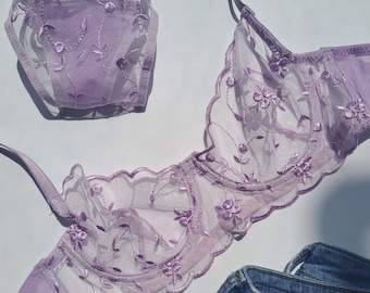 Purple Floral Lingerie Set Sheer Bra Transparent underwear