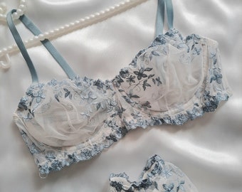 Blue Floral Lingerie Set Sheer Bra Transparent underwear