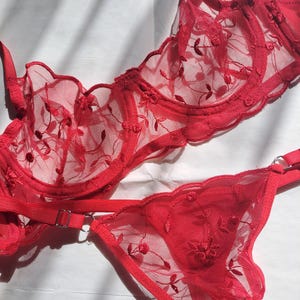 May include: Red lace lingerie set with floral embroidery. The bra has scalloped edges and adjustable straps. The matching panty has a delicate lace design.