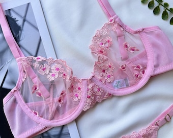 Pink Floral Lingerie Set Sheer Bra Transparent underwear gifts for her