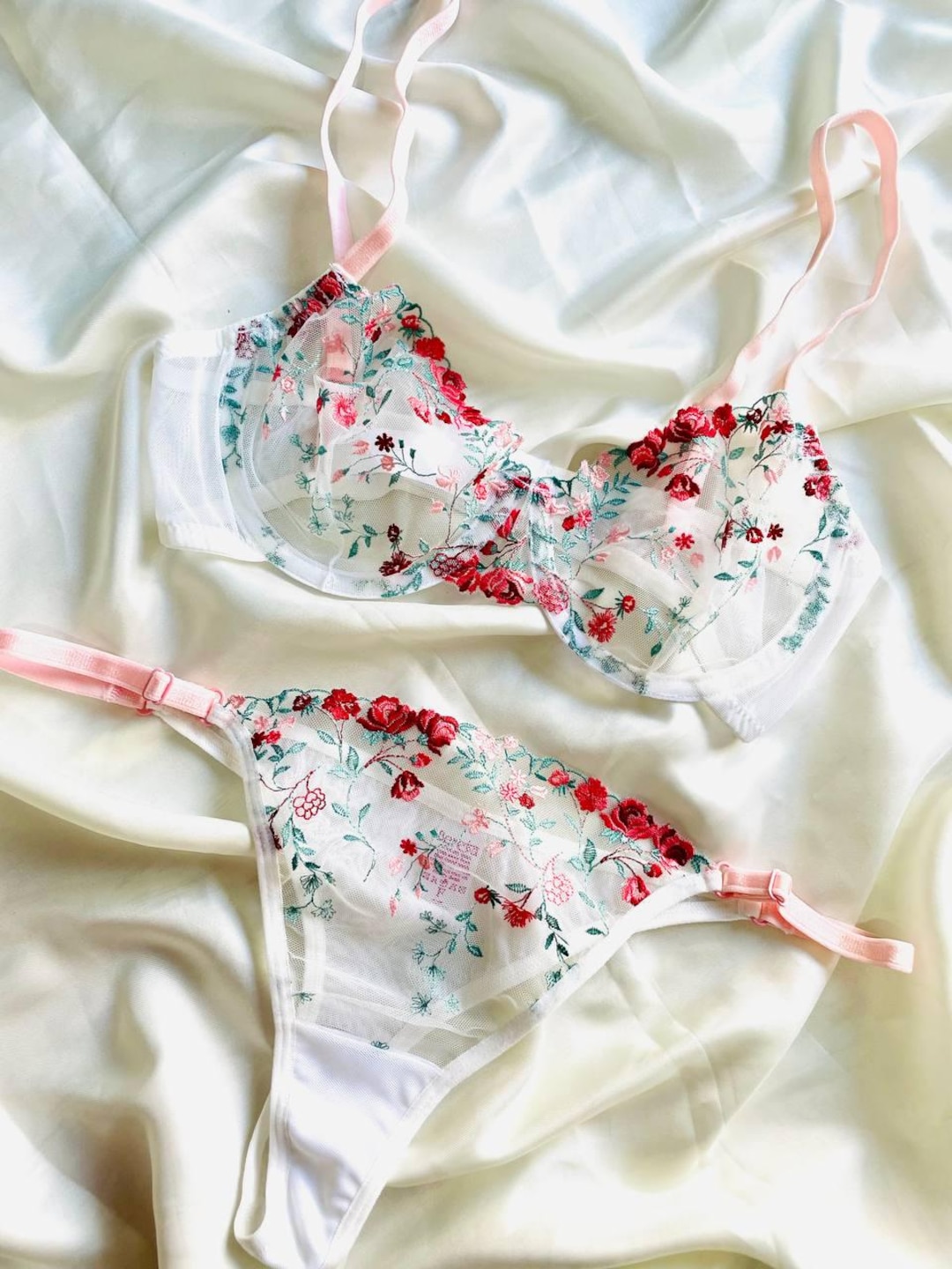 Blue Red Floral Lingerie Set Sheer Bra Transparent Underwear Gifts For blue-red-floral-lingerie-set-sheer-bra-transparent-underwear-gifts-for