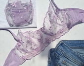 Purple Floral Lingerie Set Sheer Bra Transparent underwear gift for her