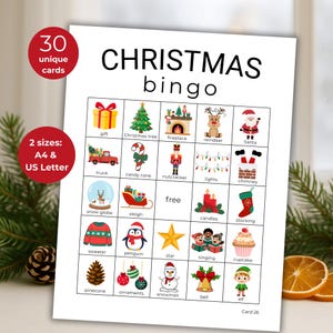 Op de afbeelding: Een kerstbingokaart met feestelijke illustraties, waaronder een kerstboom, de kerstman en een sneeuwpop. De kaart bevat de tekst "CHRISTMAS bingo" en bevat 30 unieke kaarten in twee formaten: A4 & US Letter.