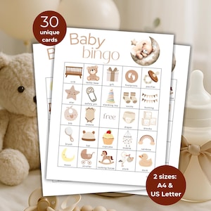 Op de afbeelding: Baby Bingo-speelkaarten met illustraties met babymotieven, zoals een wieg, een teddybeer en een fopspeen. De kaarten zijn beige met bruine tekst en afbeeldingen. De afbeelding bevat de tekst "30 unieke kaarten" en "2 formaten: A4 & US Letter".