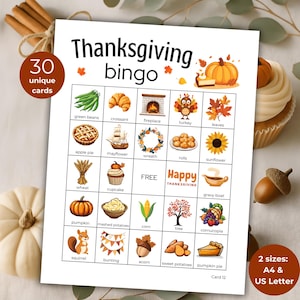 Op de afbeelding: Thanksgiving bingokaart met 30 unieke kaarten. De kaart bevat illustraties van Thanksgiving-thema's zoals een pompoen, kalkoen en taart. Bevat de tekst "Happy Thanksgiving". Verkrijgbaar in A4- en US Letter-formaten.