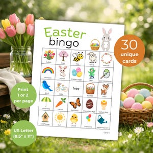 Op de afbeelding: Een kleurrijke Paasbingo-kaart met illustraties van Pasen-thema's zoals eieren, konijnen en bloemen. De kaart is gelabeld "Easter bingo" en bevat de tekst "30 unieke kaarten" en "US Letter (21,6 cm x 27,9 cm)".