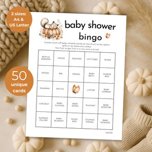 Op de afbeelding: Babyshower bingokaart met een herfstthema. De kaart bevat een illustratie van een pompoen en een vos, met bingovakken met babygerelateerde woorden. Verkrijgbaar in A4- en US Letter-formaten, met 50 unieke kaarten.