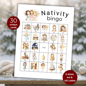 Op de afbeelding: Een afdrukbaar kerststalbingospel met 30 unieke kaarten. Het spel bevat aquarel illustraties van kersttaferelen, engelen en bijbelse figuren. De tekst "Nativity bingo" staat bovenaan. Verkrijgbaar in A4- en US Letter formaten.