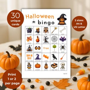 Op de afbeelding: Halloween bingospel met 30 unieke kaarten. Het spel bevat Halloween-thema illustraties zoals pompoenen, vleermuizen en een heksenhoed. Bevat de tekst "Trick or Treat". Beschikbaar in A4- en US Letter-formaten.