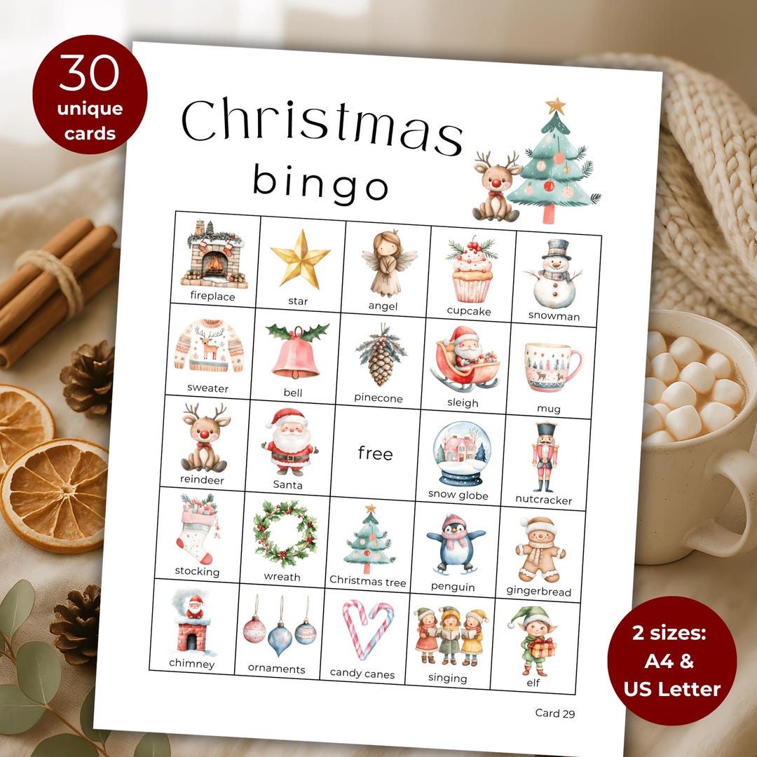 Christmas Bingo, 30 Printable Bingo Cards for Kids, Family Christmas ...