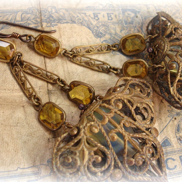 caged vintage assemblage earrings very vintage brass filigrees vintage brass links + vintage bezel set topaz glass jewels pineapple quartz