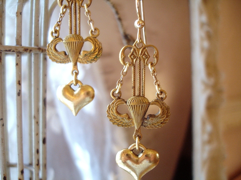 leap of faith limited edition vintage assemblage earrings artisan assemblage vintage winged parachute paratrooper link gold heart gf wires