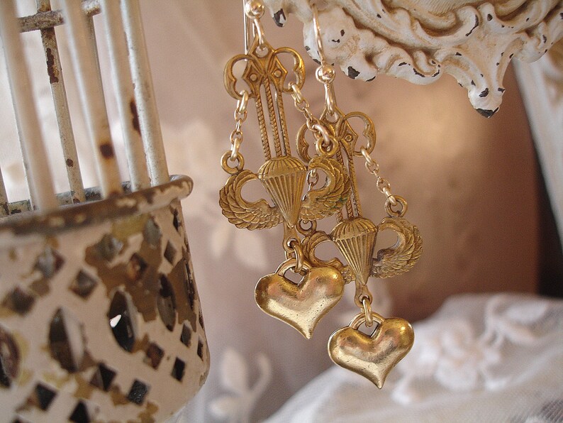 leap of faith limited edition vintage assemblage earrings artisan assemblage vintage winged parachute paratrooper link gold heart gf wires