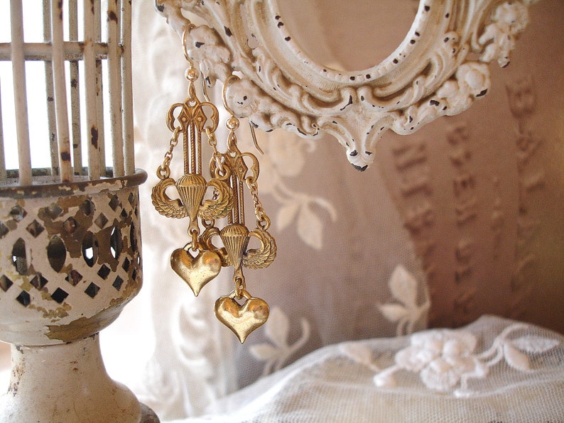 leap of faith limited edition vintage assemblage earrings artisan assemblage vintage winged parachute paratrooper link gold heart gf wires