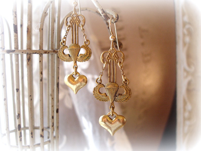 leap of faith limited edition vintage assemblage earrings artisan assemblage vintage winged parachute paratrooper link gold heart gf wires