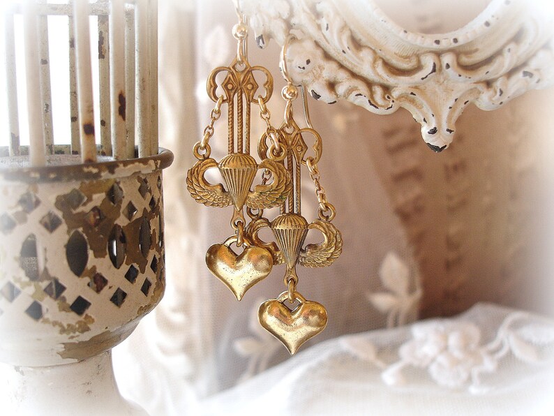 leap of faith limited edition vintage assemblage earrings artisan assemblage vintage winged parachute paratrooper link gold heart gf wires