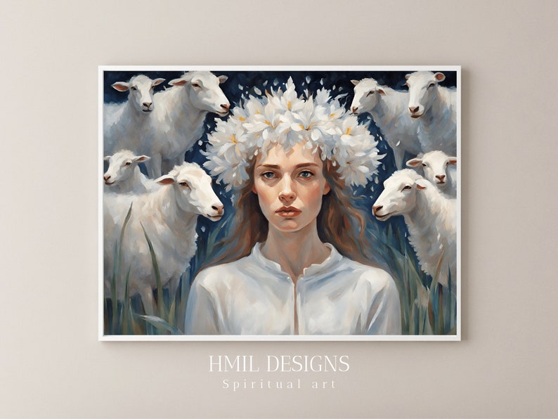 The sheep girl Spiritual Symbolic Wall art Digital Download Printable Nature flowers wreath crown woman home decor Painting style Print zdjęcie 3