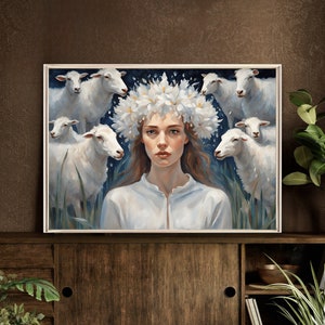 The sheep girl Spiritual Symbolic Wall art Digital Download Printable Nature flowers wreath crown woman home decor Painting style Print zdjęcie 6