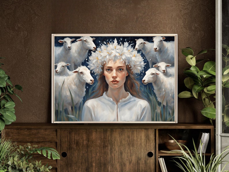 The sheep girl Spiritual Symbolic Wall art Digital Download Printable Nature flowers wreath crown woman home decor Painting style Print zdjęcie 6