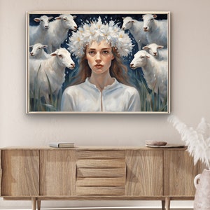 The sheep girl Spiritual Symbolic Wall art Digital Download Printable Nature flowers wreath crown woman home decor Painting style Print zdjęcie 2