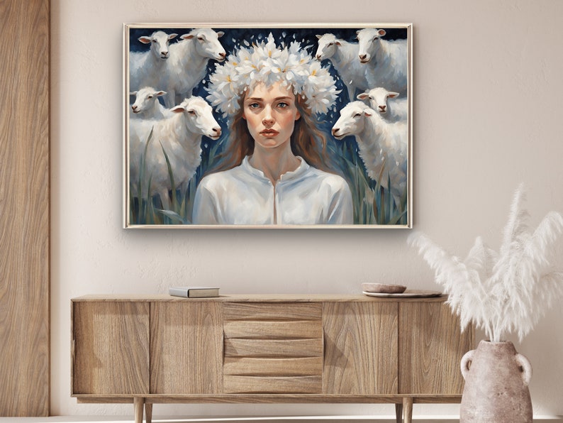 The sheep girl Spiritual Symbolic Wall art Digital Download Printable Nature flowers wreath crown woman home decor Painting style Print zdjęcie 2