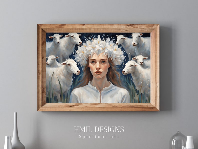 The sheep girl Spiritual Symbolic Wall art Digital Download Printable Nature flowers wreath crown woman home decor Painting style Print zdjęcie 10