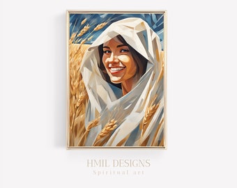 happy woman portrait painting | digital download | wall art print | printable art poster | downloadable art | wheat field background