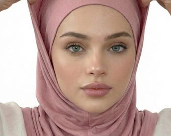 Hijab instantáneo listo, hijab Amira rosa de 2 piezas: bufanda envolvente de jersey instantánea, hijab Amira, hijab de jersey, hijab de algodón, hijab deportivo, chal para hacer ejercicio
