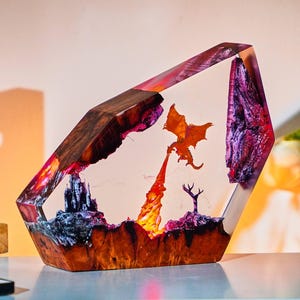 Fire Dragon Resin Lamp, Dragon Diorama Epoxy Lamp, hand made Resin Lamp, Unique gift For Lover, Gift For Her, christmas gift