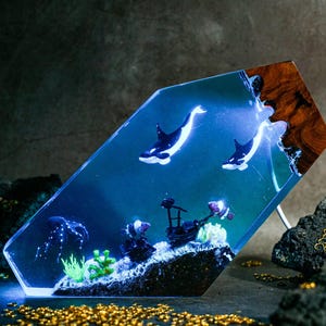 Whales Ocean Resin Lamp, Handmade Resin Light with Whales, Octopus & Shipwreck, Deep Sea Aquarium Diorama Gift, Christmas gift
