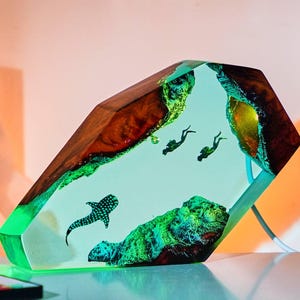 Diver & Whale Resin Lamp, Handmade Deep Ocean Scene Light, Epoxy Art Nightlight with Cave Reef, Unique Gift for Sea Lovers