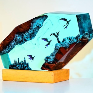 Fantasy Dragon Lamp, Handmade Resin Diorama Light, Inspired Crystal Landscape, Flying Dragons Diorama desk lamp, Christmas gift