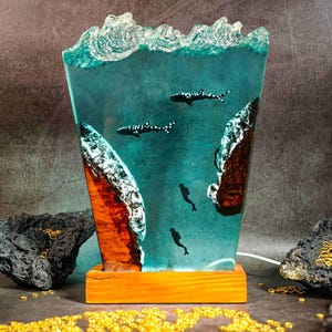 Whale Ocean Resin Lamp, Handmade Ocean Scene Light with Wood & Epoxy, Deep Sea Dive Sculpture, Unique Gift for Ocean Lovers, Divers