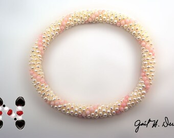 Designer Pearl Bead Crochet Bracelet w/ Pink Coral