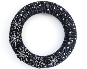 Felt Snowflakes Wreath Tutorial, PDF craft pattern for making a DIY wreath for Winter or Christmas, includes snowflake embroidery patterns